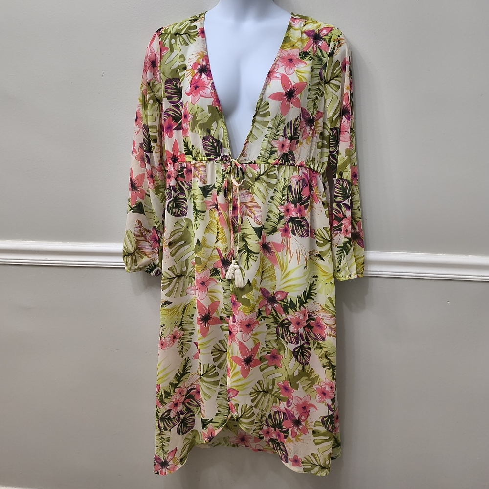 Goa Beachwear By Japna Floral Swimsuit Cover Up Tie-Front With Tassels Sz XL
